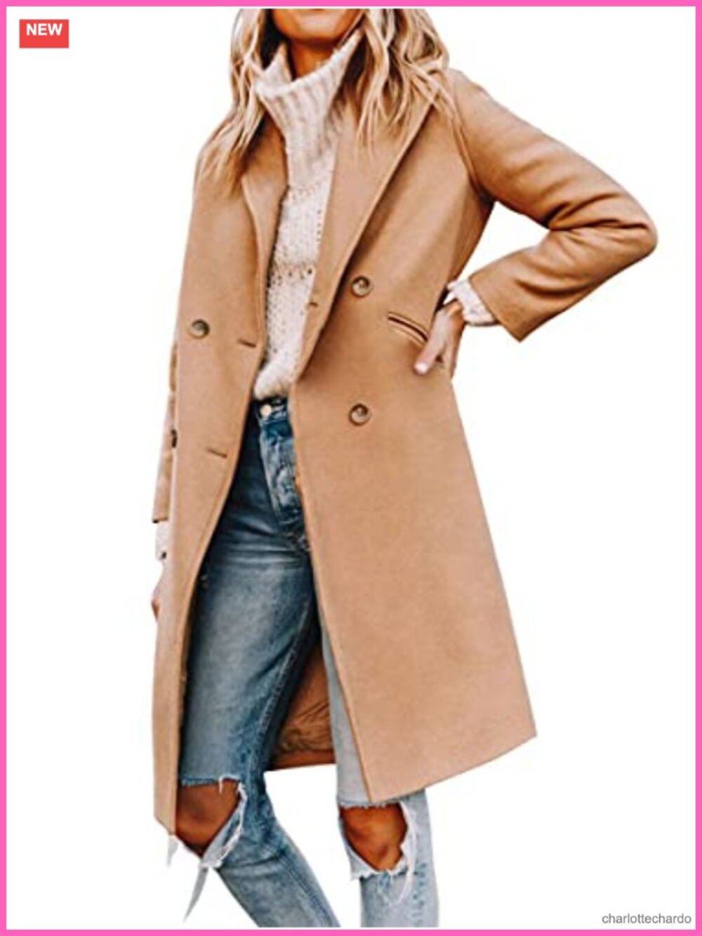 Women's Notched Lapel Double Breasted Pea Coat Mid Long Coat